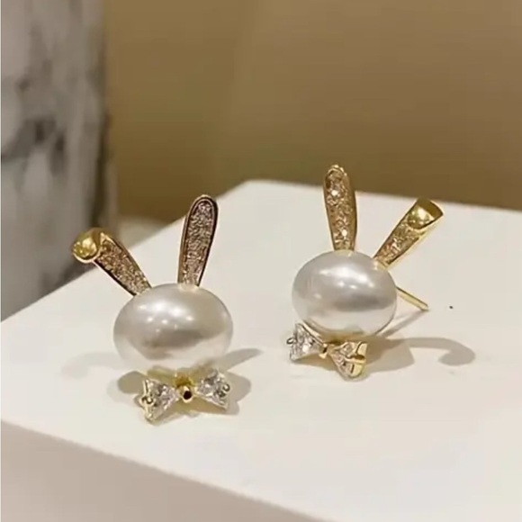 Bunny Rhinestone | Pearl Bougie Ears & Bow Tie Stud Gold Tone Earrings LAST PAIR - Picture 5 of 10